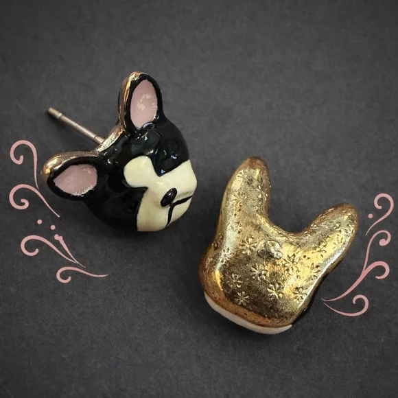 Boston Terrier Dog Stud Earrings Enamel Black White Pink Cute Gift Animal - Picture 2 of 4